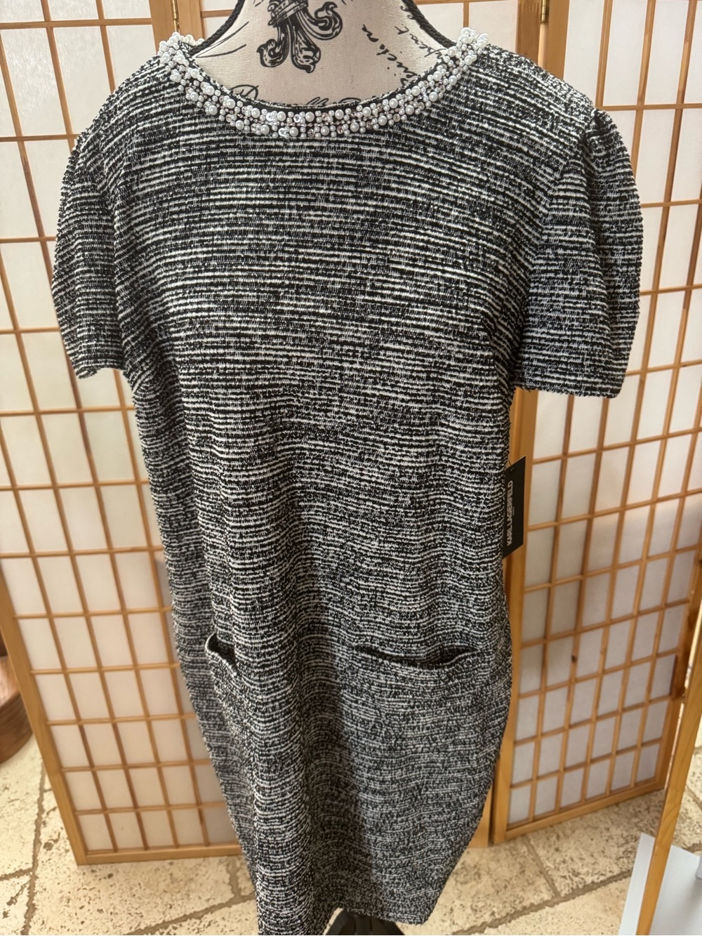 NWT Karl Lagerfeld Paris Knit Tweed Dress With Pearl Trim Size 16 - Picture 10 of 10